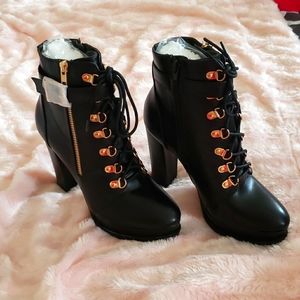 Black combat booties high heel